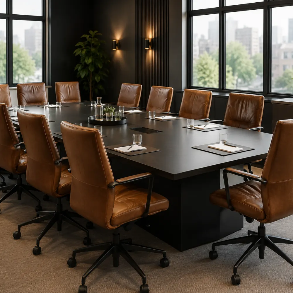 Leather meeting room chairs around a coworking boardroom table