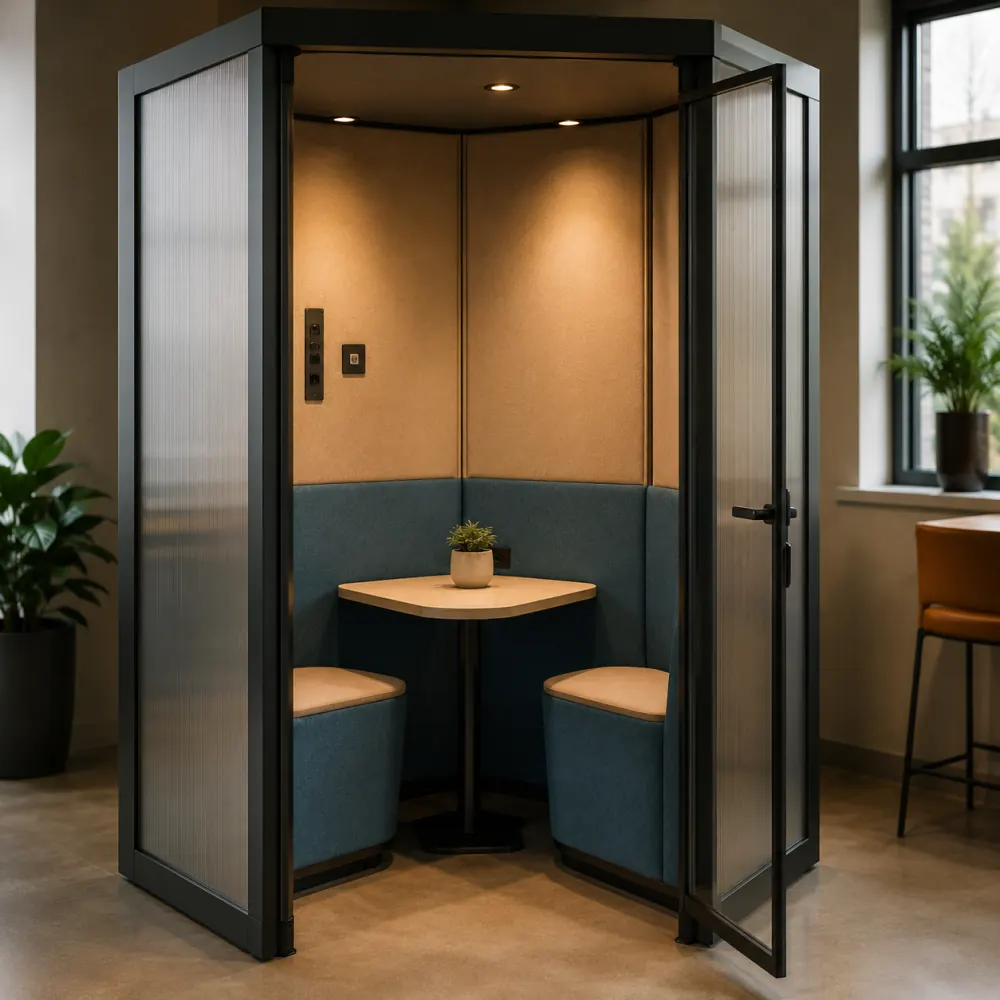 Upholstered bench seating inside a coworking phone booth