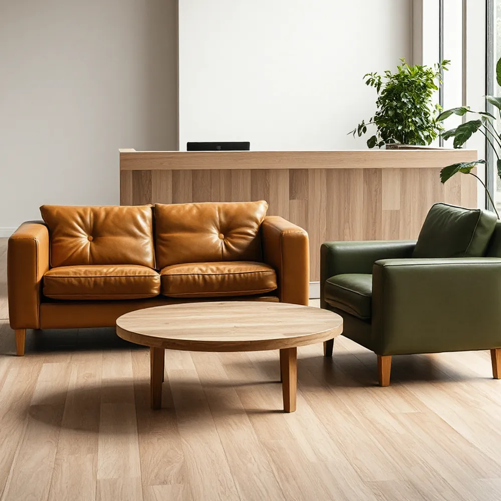 Tan leather loveseat and green armchair in a coworking reception and waiting area