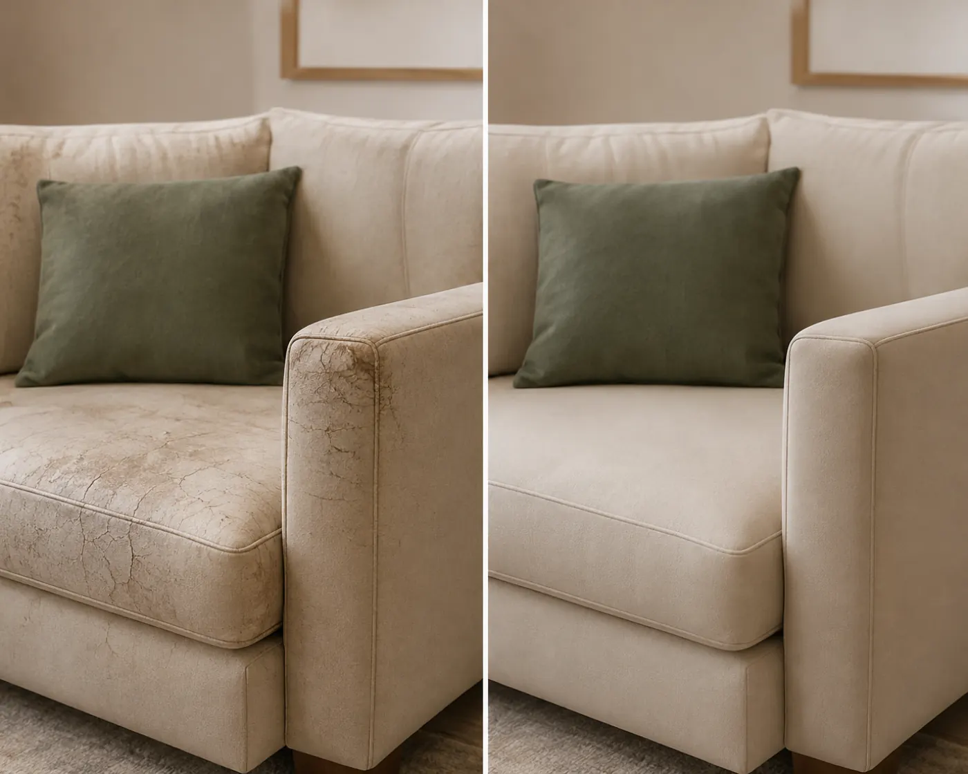 Coworking sofa arm before and after scuff removal
