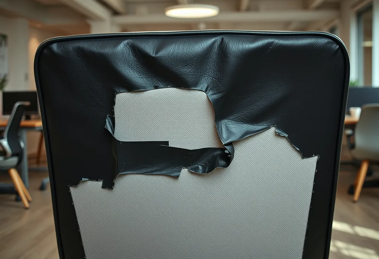 Black bonded leather chair back with the coating peeling away in sheets