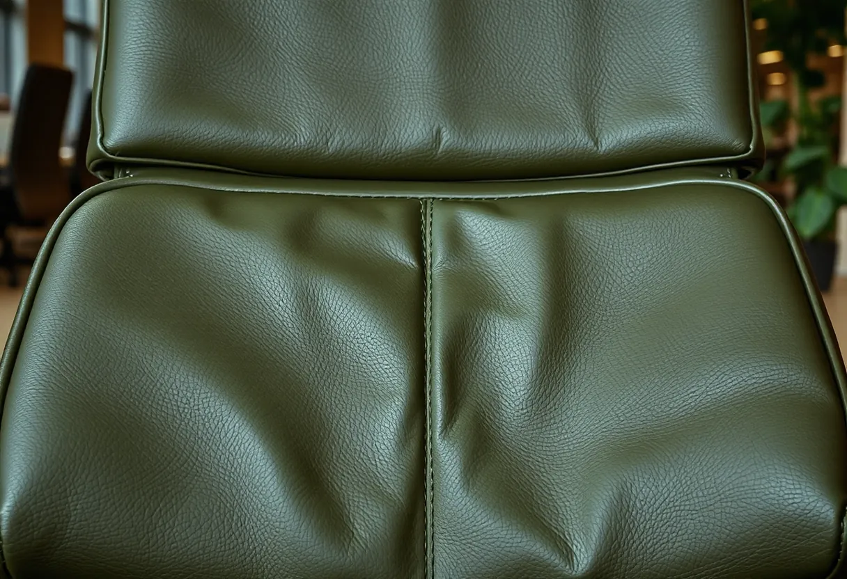 Olive green leather office chair seat with a short tear near the front edge and scuffed colour
