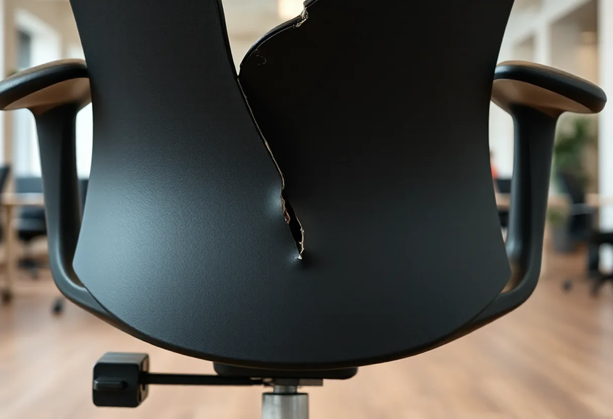 Office task chair on its side with a cracked five-star base