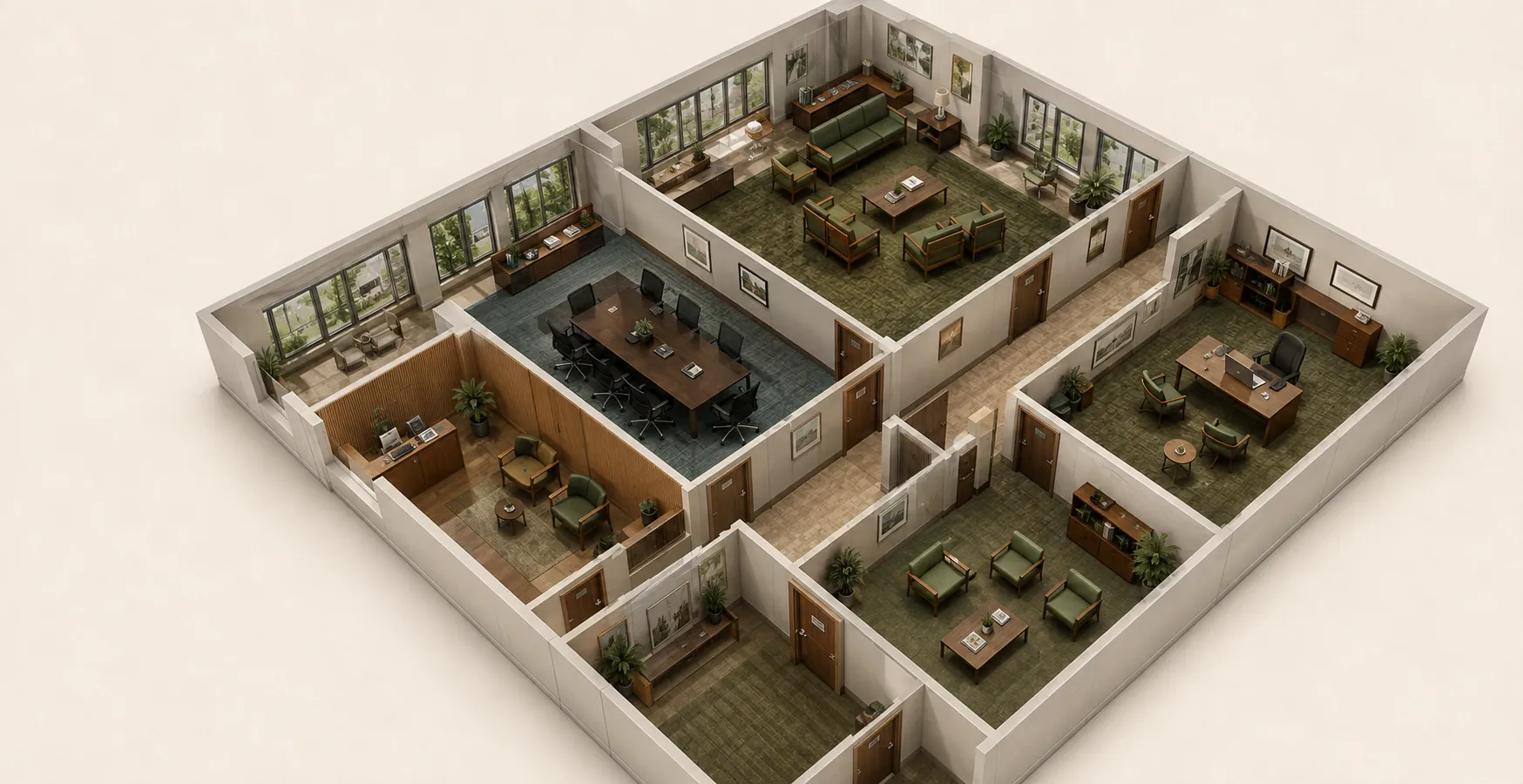Coworking floor plan with one zone out for furniture repair while every other zone stays open
