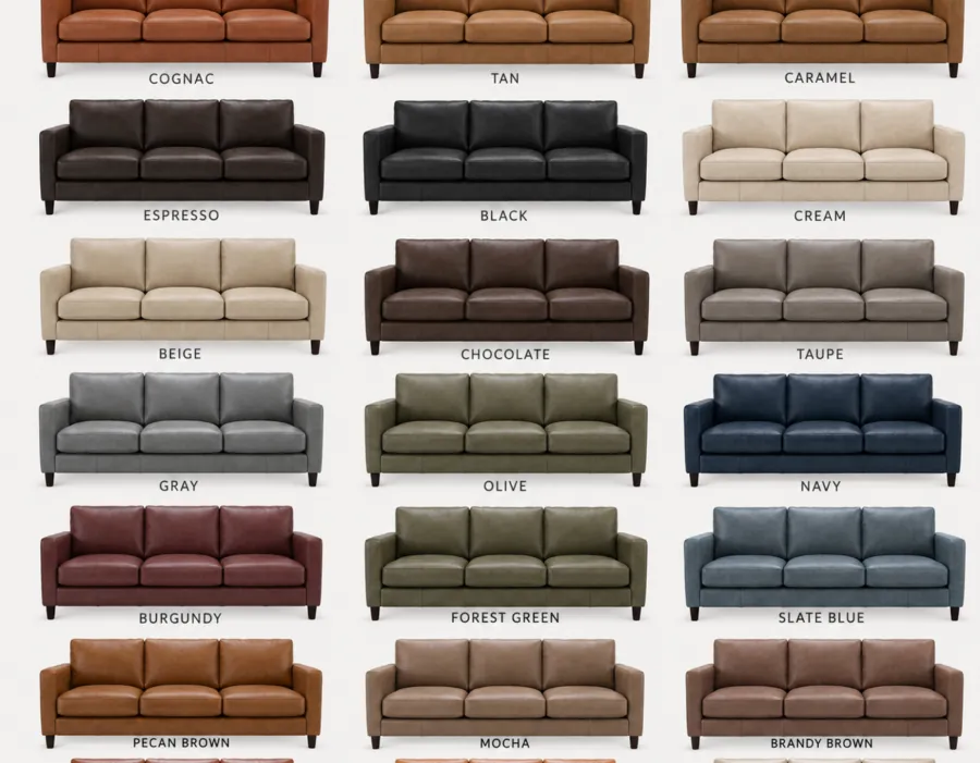 Grid of leather sofas in named colours used as a reference for custom colour matching