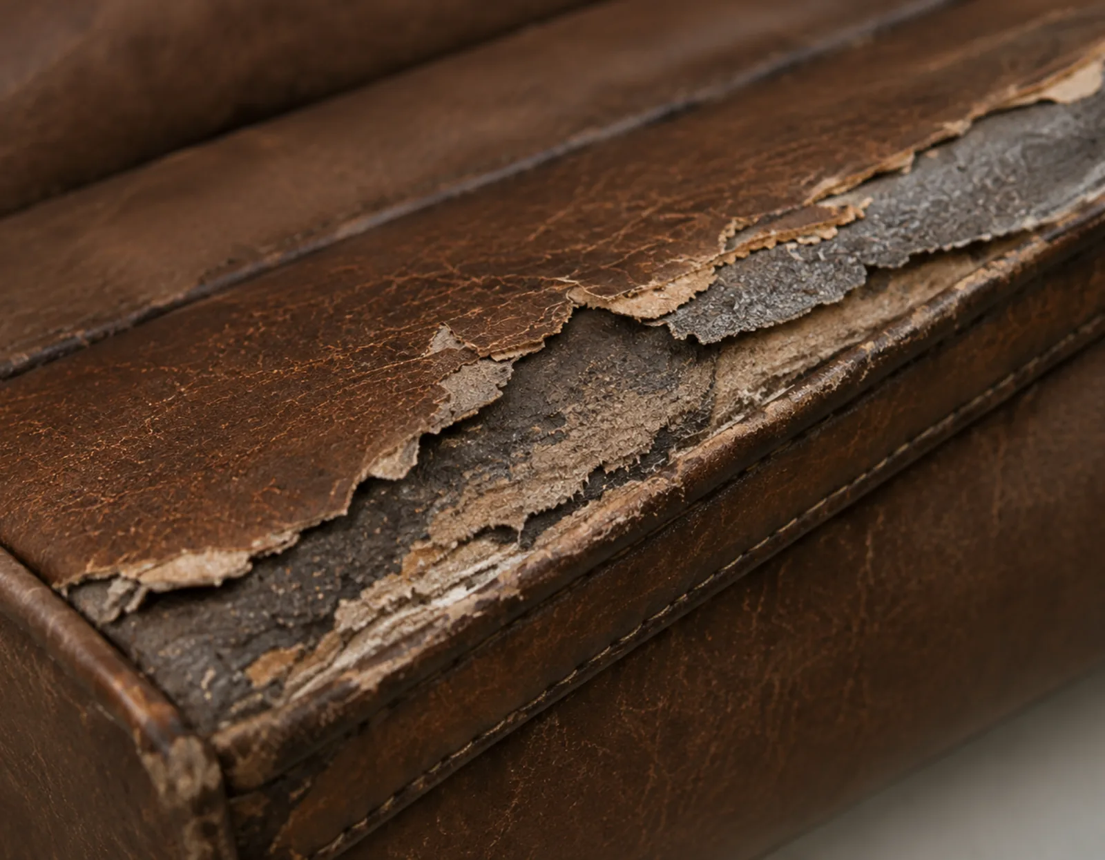 Brown coating peeled off a sofa arm exposing the grey fibre sheet underneath