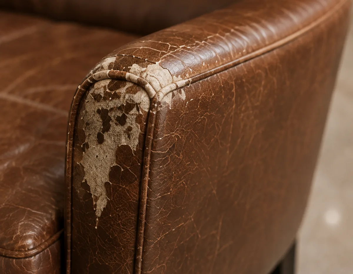 A bonded leather sofa arm sheeting off its backing, past the point of repair