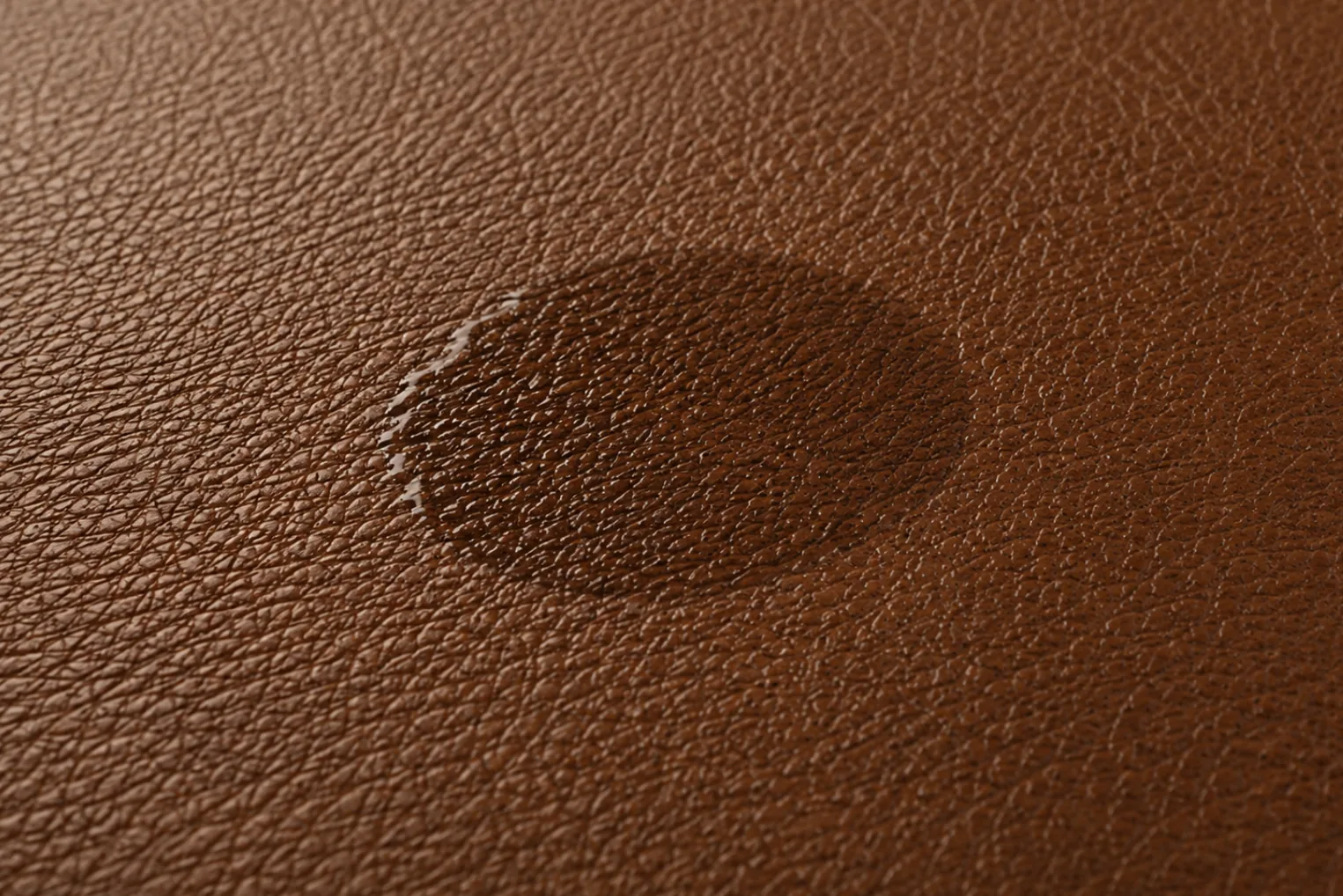 Water absorbed into brown leather leaving a dark patch, showing no protective finish left