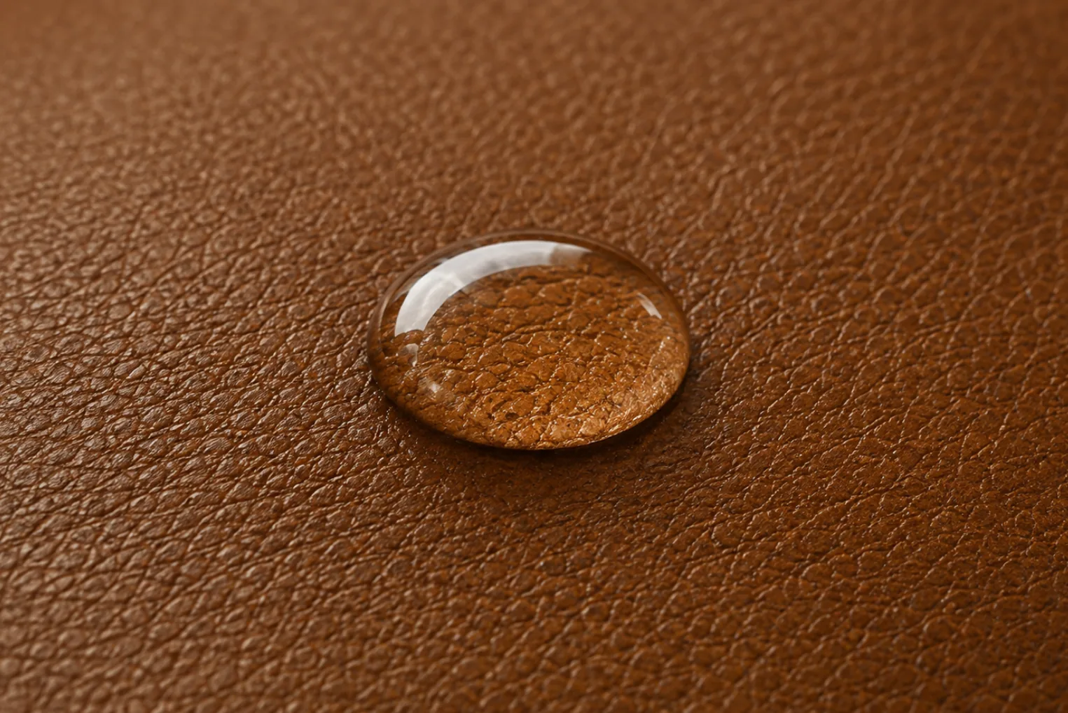 Water droplet standing high and domed on brown leather, showing an intact protective finish