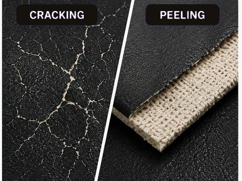 Two vinyl failures side by side and labelled — cracking, a fine network of splits across a hardened film, and peeling, the film lifting away from its woven backing