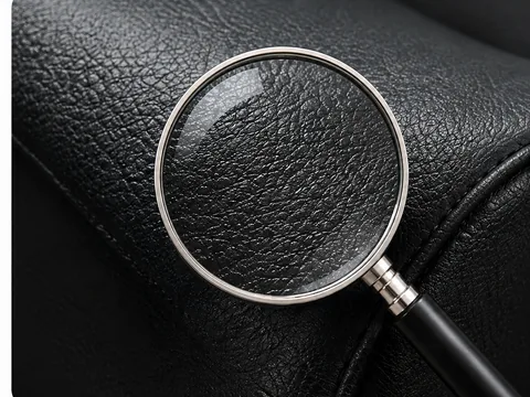 A magnifier held over a black vinyl arm, showing the embossed grain repeating in an identical pattern rather than varying the way a hide does