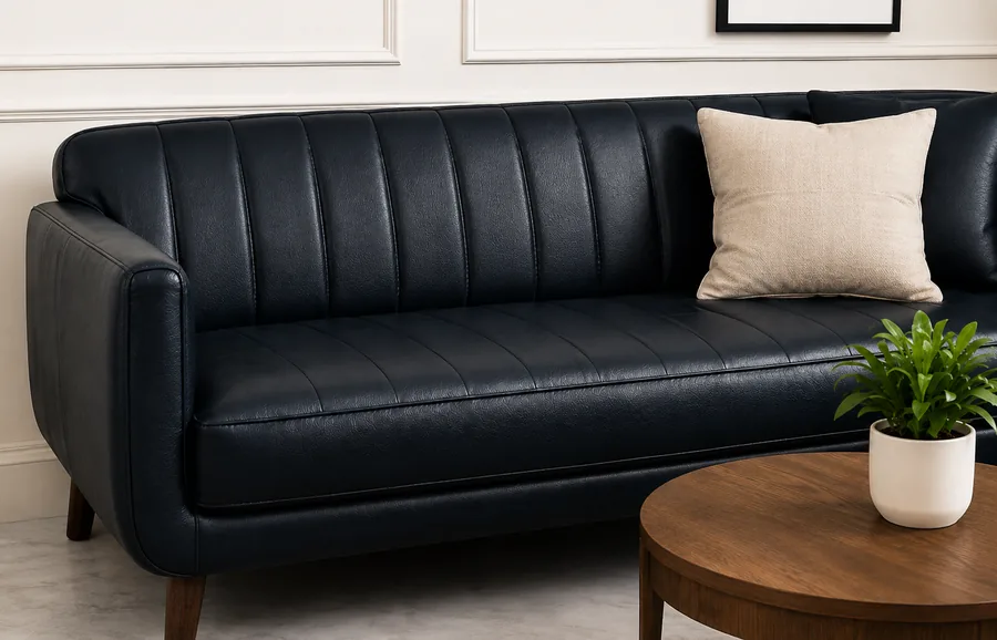 A navy vinyl sofa with channelled back panels in a panelled living room, the film reading as a smooth continuous surface with no hide variation across it