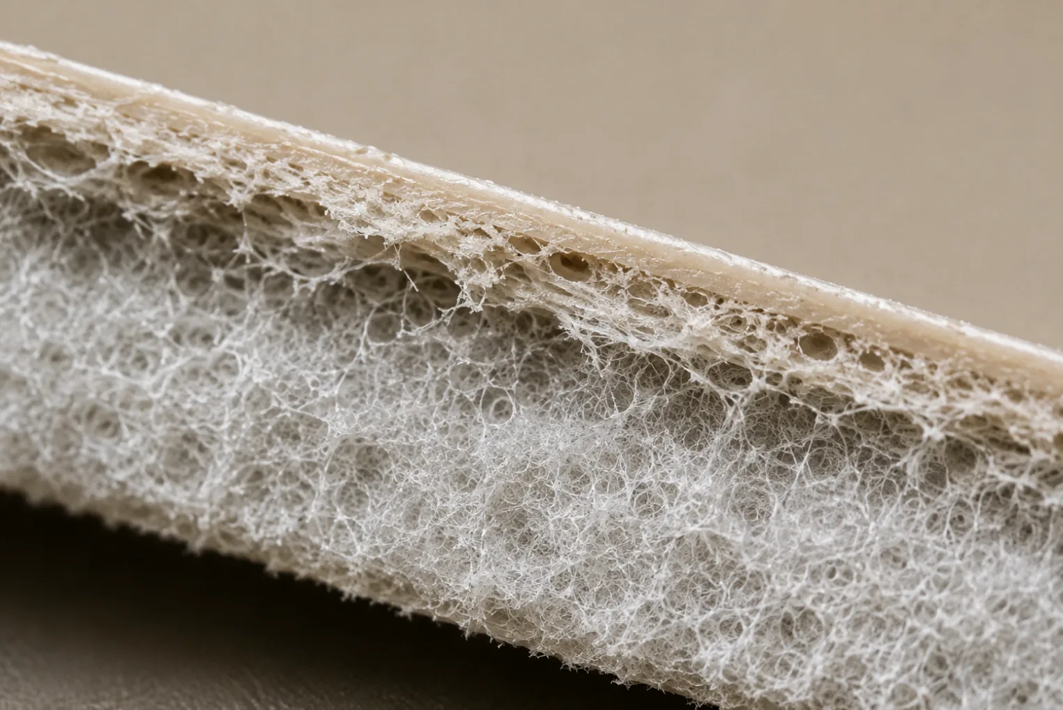 The bond line where the polymer coating meets the fibre web beneath it, seen along a cut edge