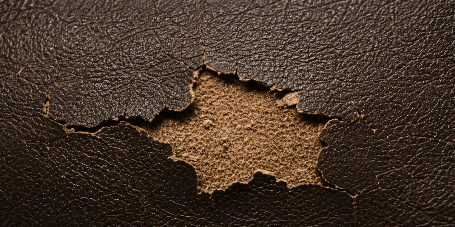 A jagged patch of dark faux leather coating flaked away, exposing the pale foam backing beneath