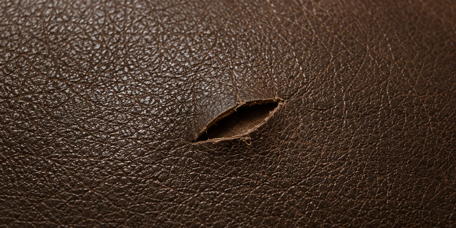 Faux leather repair of a small lens-shaped puncture in a brown faux leather seat, edges lifted around the hole