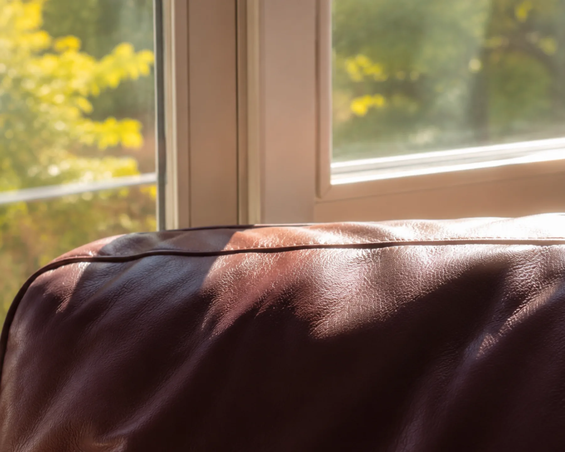 Upholstered seating beside a large window with daylight falling unevenly across it