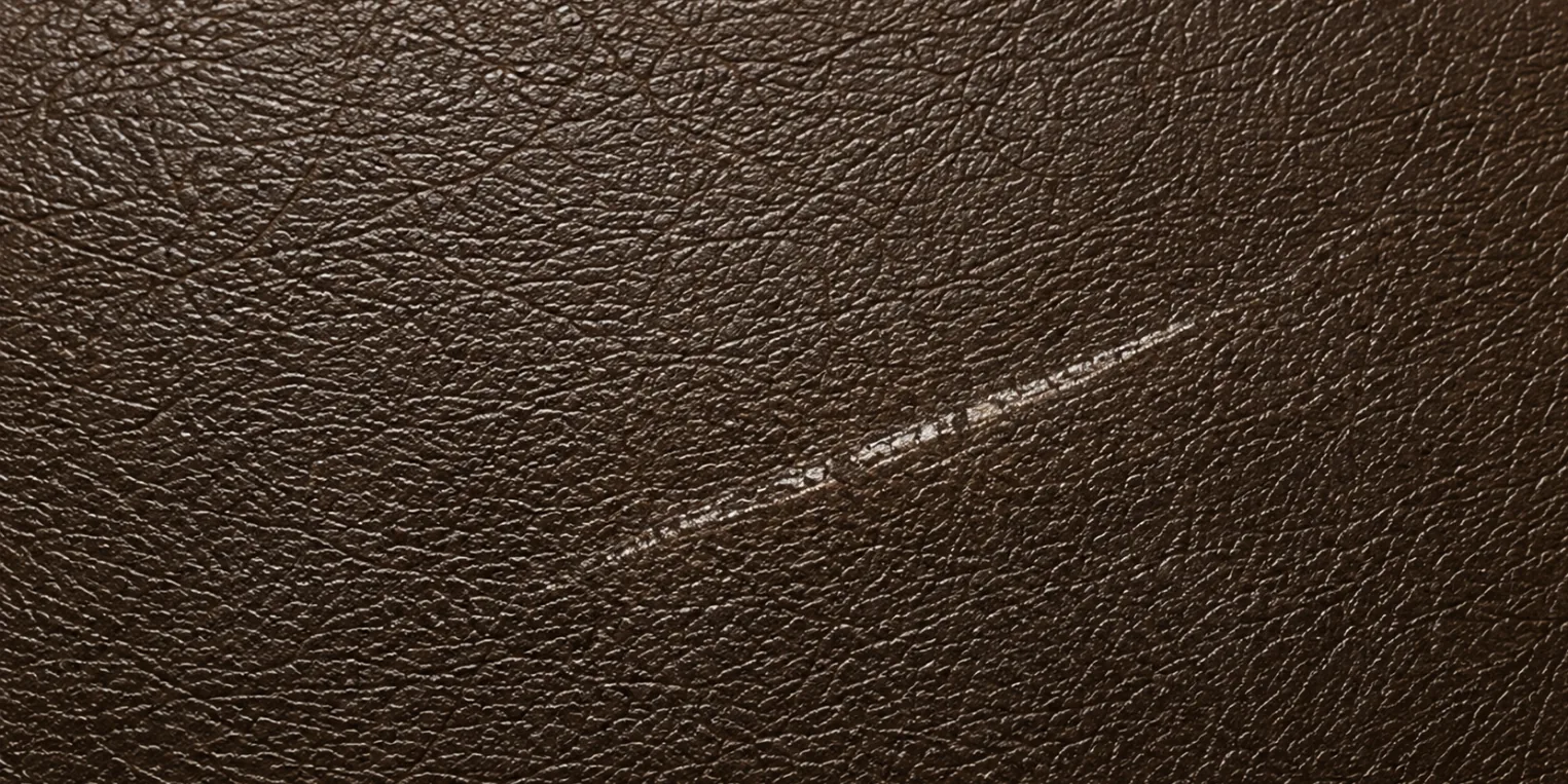 Faux leather repair candidate: a pale scuff line across dark brown faux leather, the coating marked but unbroken