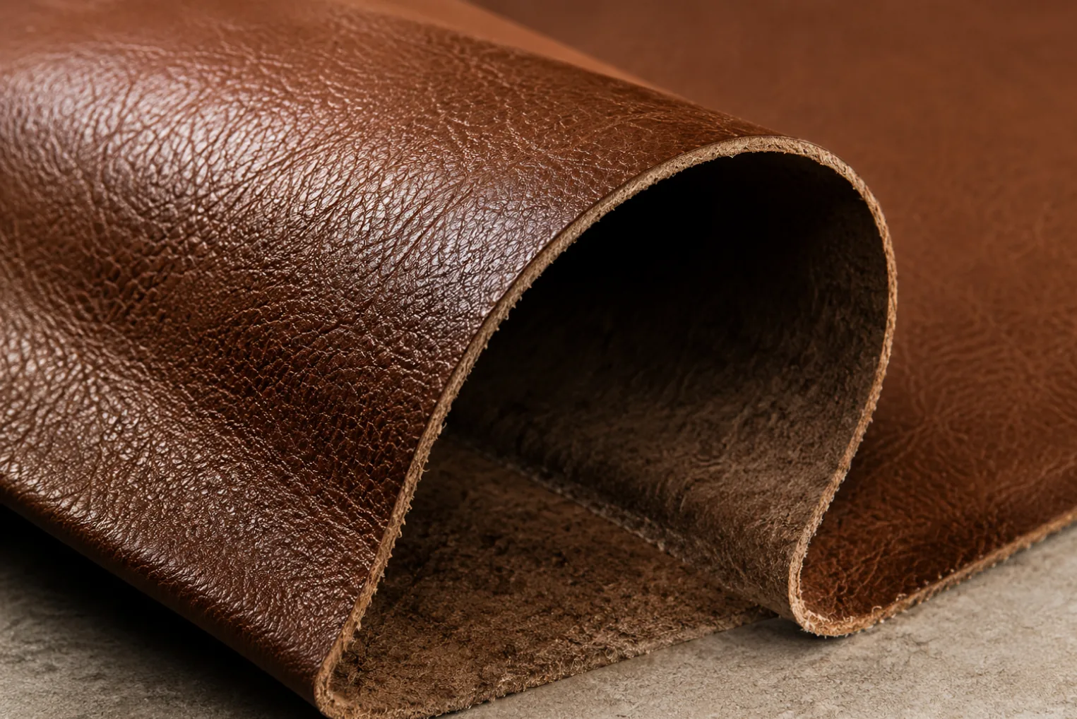 Brown bonded leather sheet folded back to show its compressed leather-fibre backing