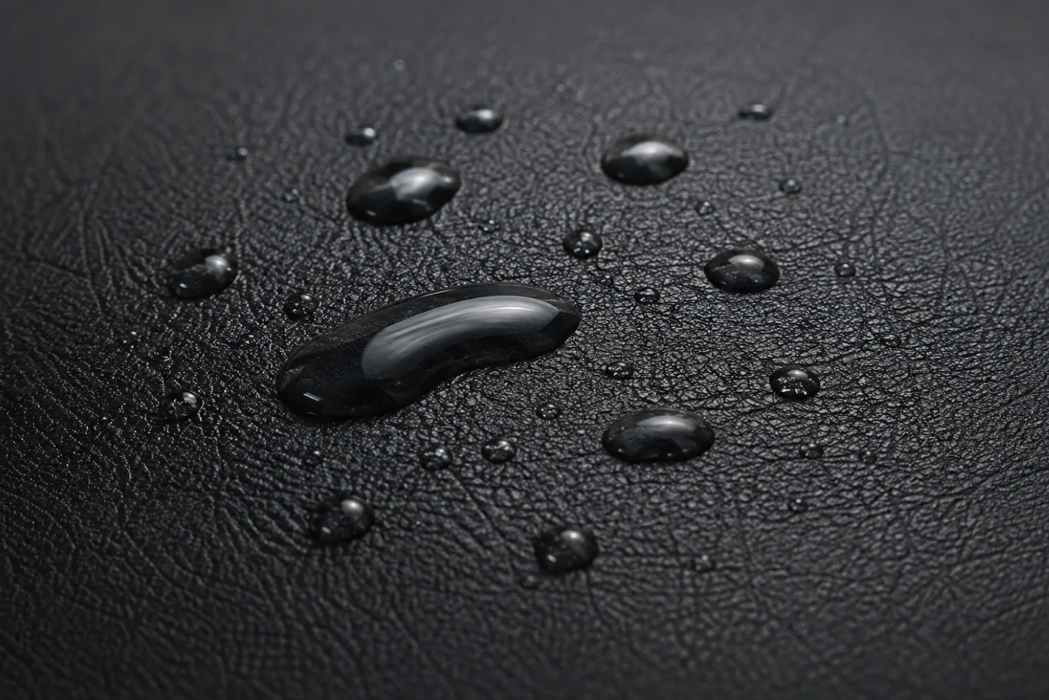 Water beading on a black commercial vinyl surface, showing the sealed contract-grade coating