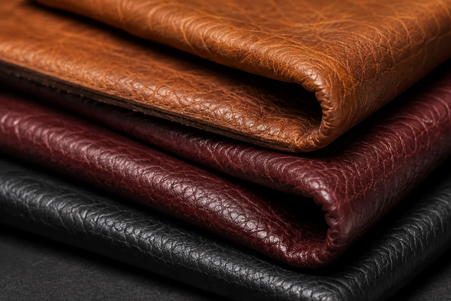 Folded tan, burgundy and black pigmented leather hides stacked on a dark surface