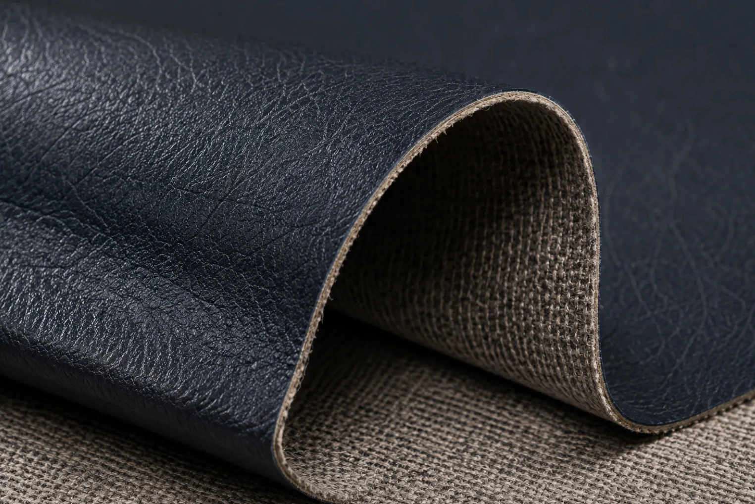 Navy vinyl upholstery sheet folded to reveal the woven fabric backing beneath the coating