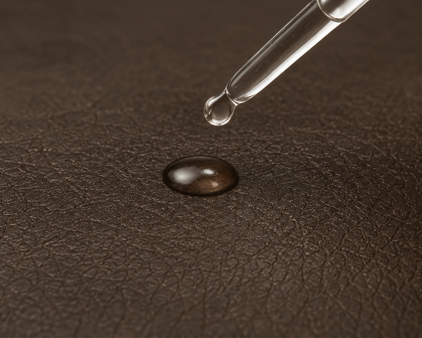A pipette placing a single droplet on dark faux leather, which beads instead of soaking in