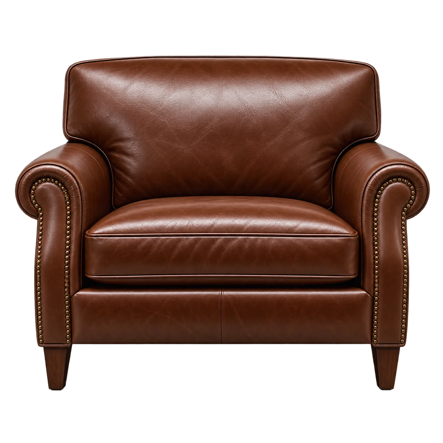 Full grain leather armchair when new: even mid-brown colour and a smooth, unmarked surface.