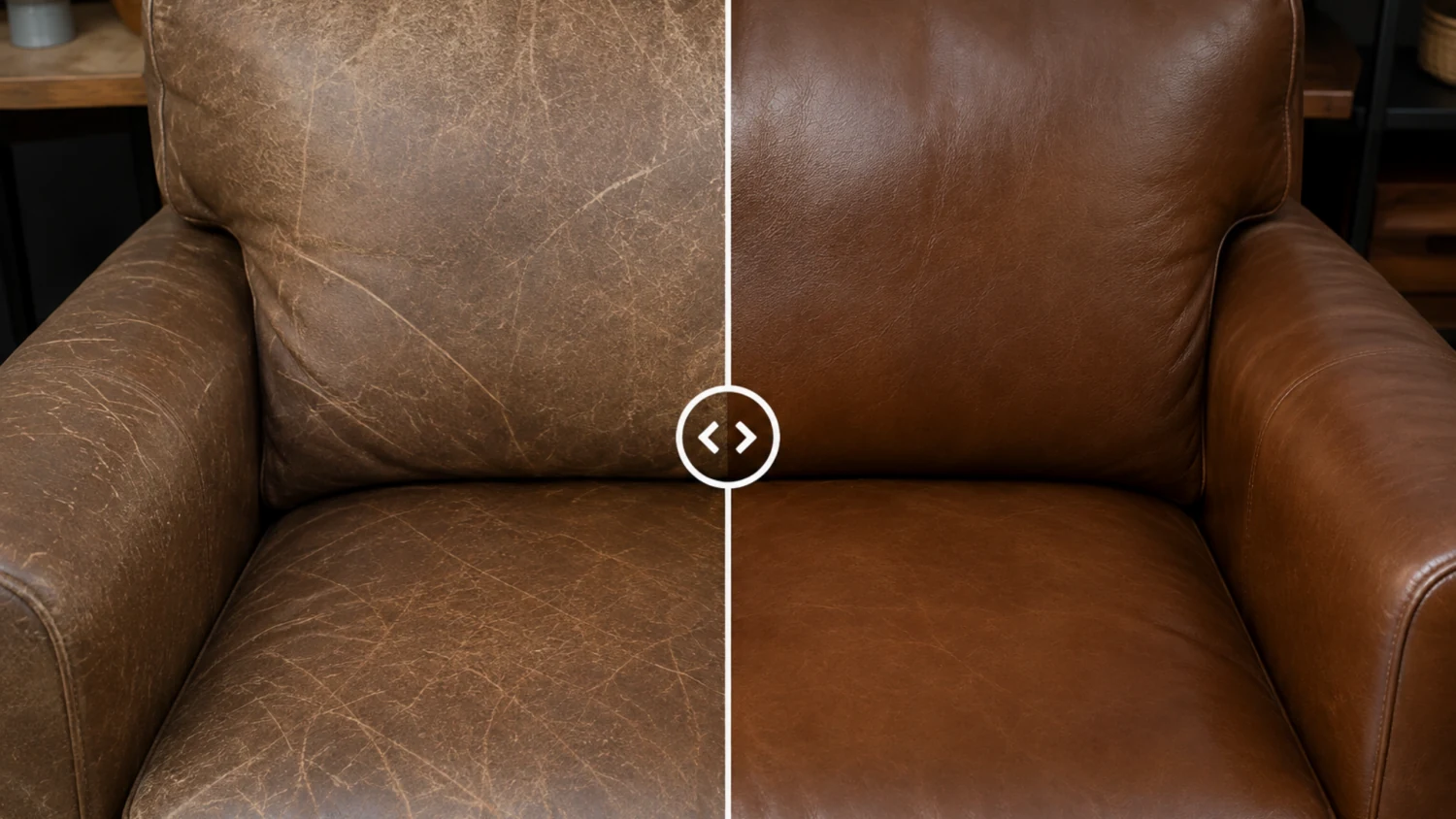 Corner of a brown leather armchair with the surface crazed, beside the same corner recolored