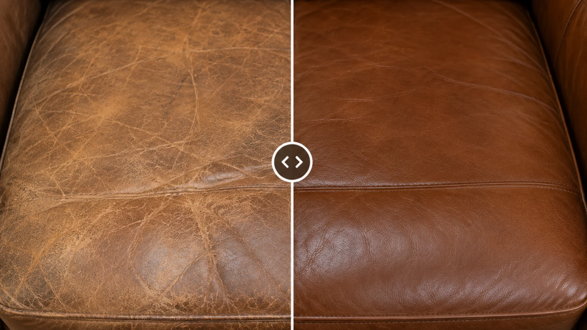 Tan leather seat cushion, heavily crazed and lifted on the left half, smooth and evenly coloured on the right half.