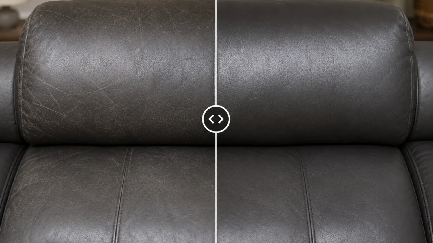 Grey leather sofa back cushions marked with fine cracking, beside the same cushions in even grey