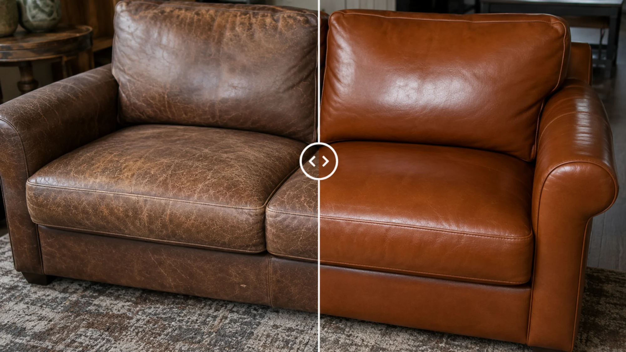Tan full grain sofa seat and back, worn pale and crazed on the left half, carrying even colour on the right half.
