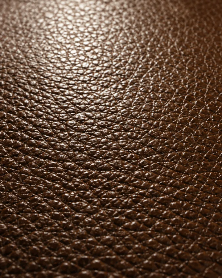Full grain leather lit at a raking angle, the pebble grain showing pore size and spacing that change across the panel.