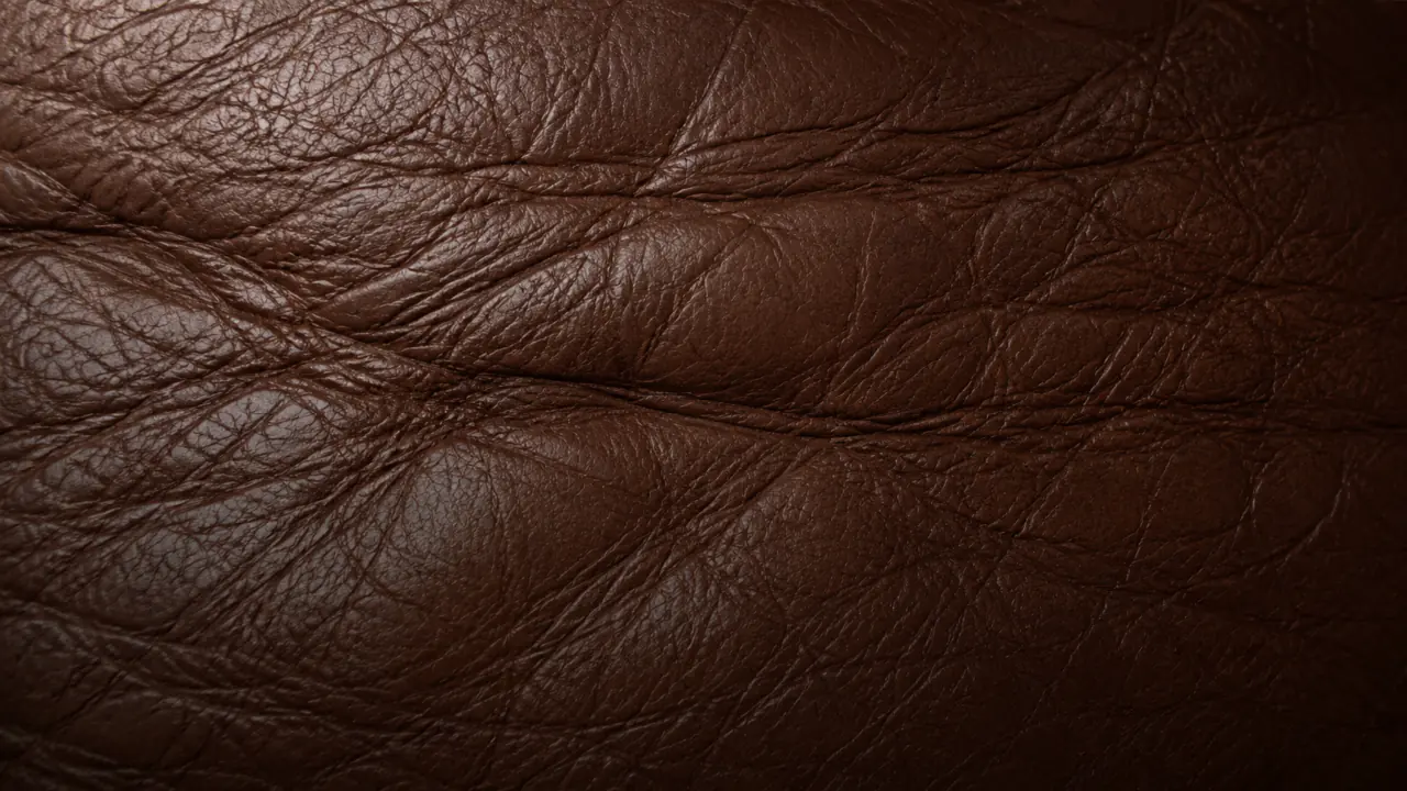 Macro of full grain leather showing deep parallel neck wrinkles.