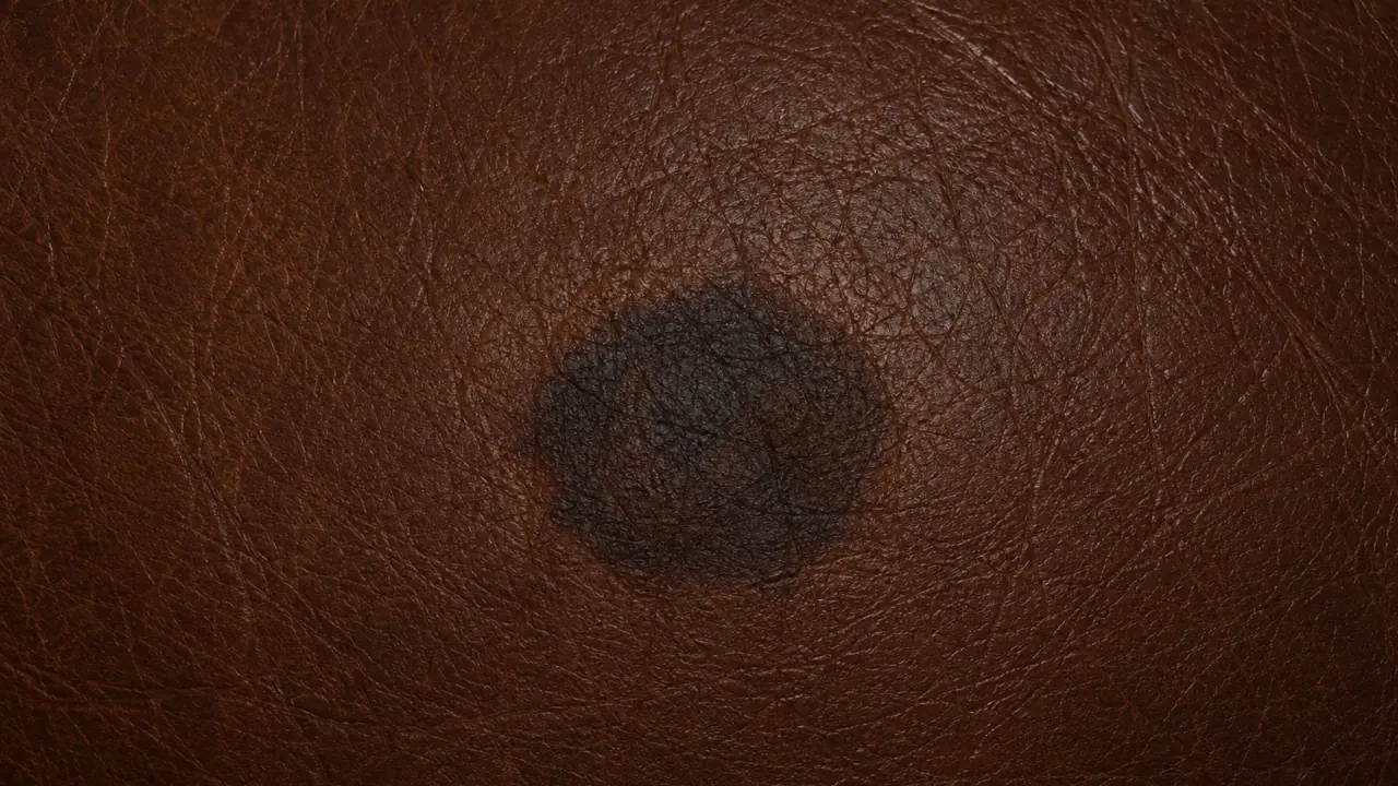 Macro of leather with a dark oil-saturated patch soaked into the grain.
