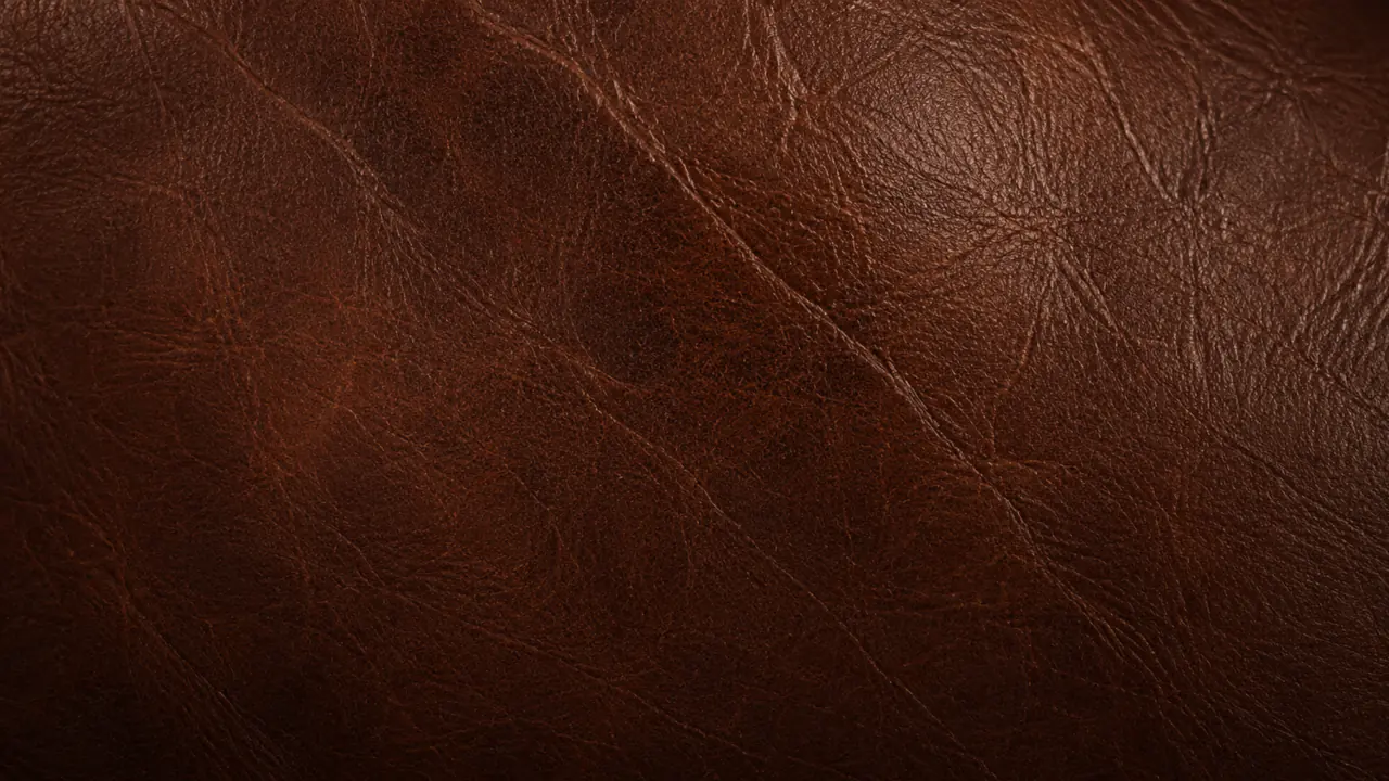 Macro of full grain leather carrying patina, the tone deepened and burnished unevenly with use.