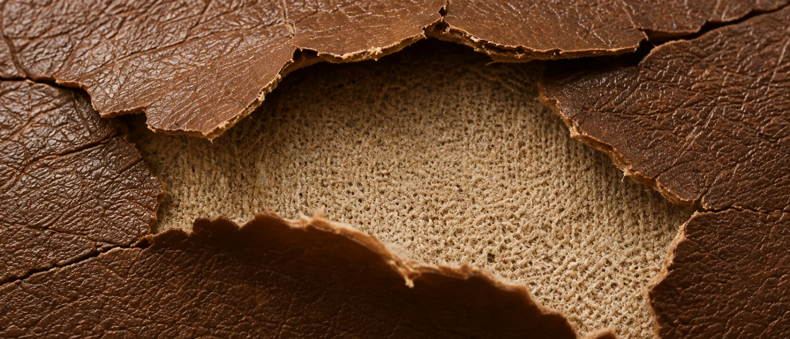 Coating torn away in a wide sheet to expose the woven fabric backing underneath, the signature of bonded or faux leather