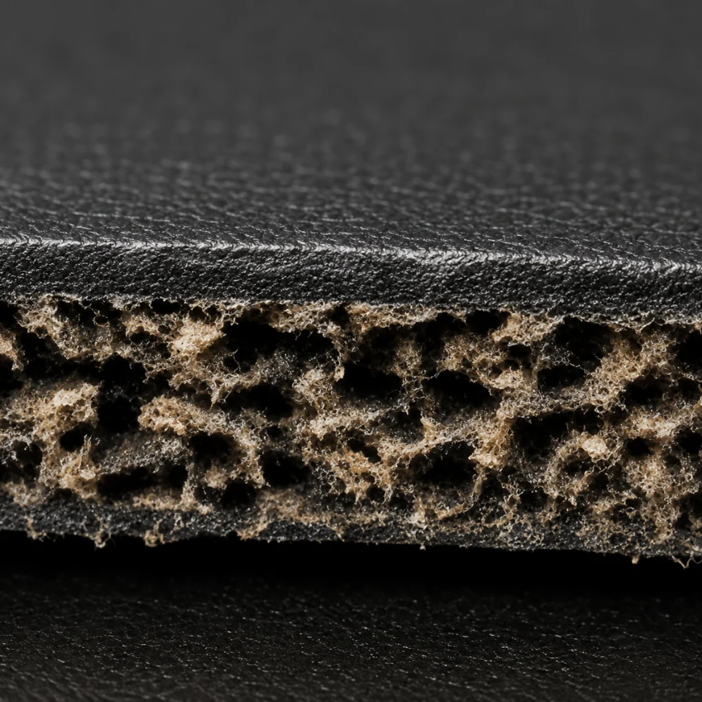 Cut edge of bonded leather, showing a black surface film over loose leather fibers pressed onto a backing