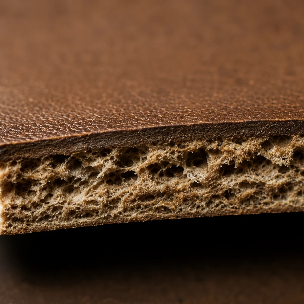 Cut edge of real pigmented leather, showing a thin brown finish over a pale fibrous hide core