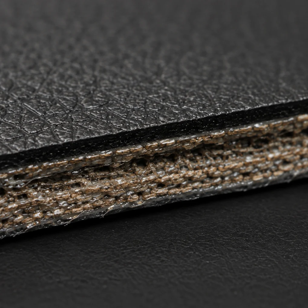 Cut edge of vinyl upholstery, a black plastic film laminated to a woven fabric backing with no hide layer