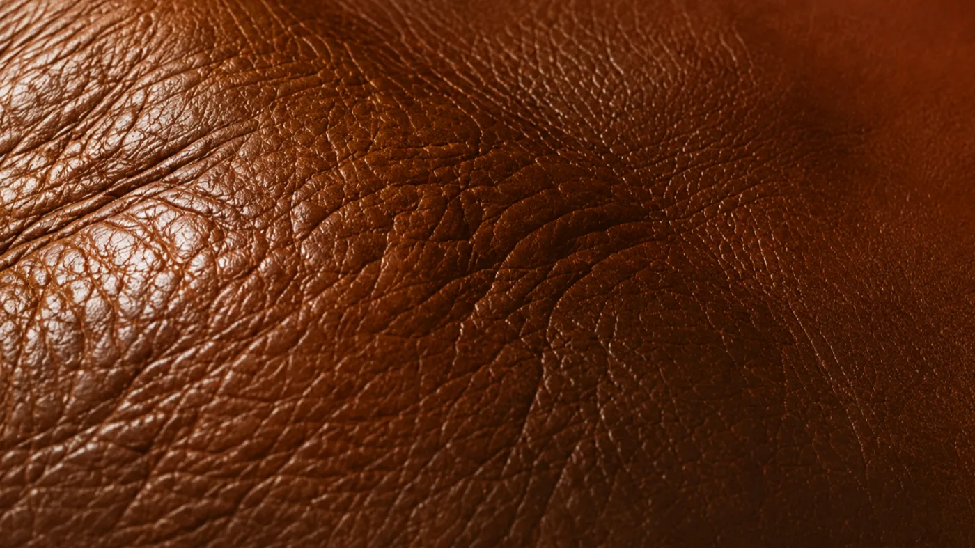 Top grain vs full grain leather compared side by side: the full-grain half in raking light, growth lines and healed markings still present