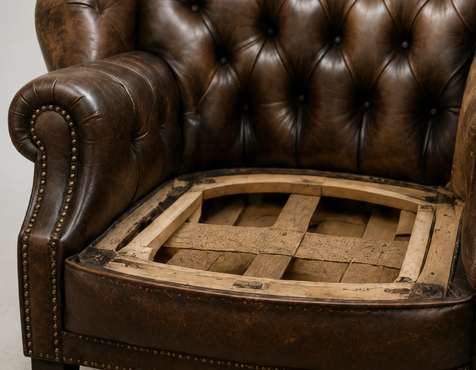 A buttoned leather chesterfield chair with the seat stripped back to bare hardwood rails and old jute webbing