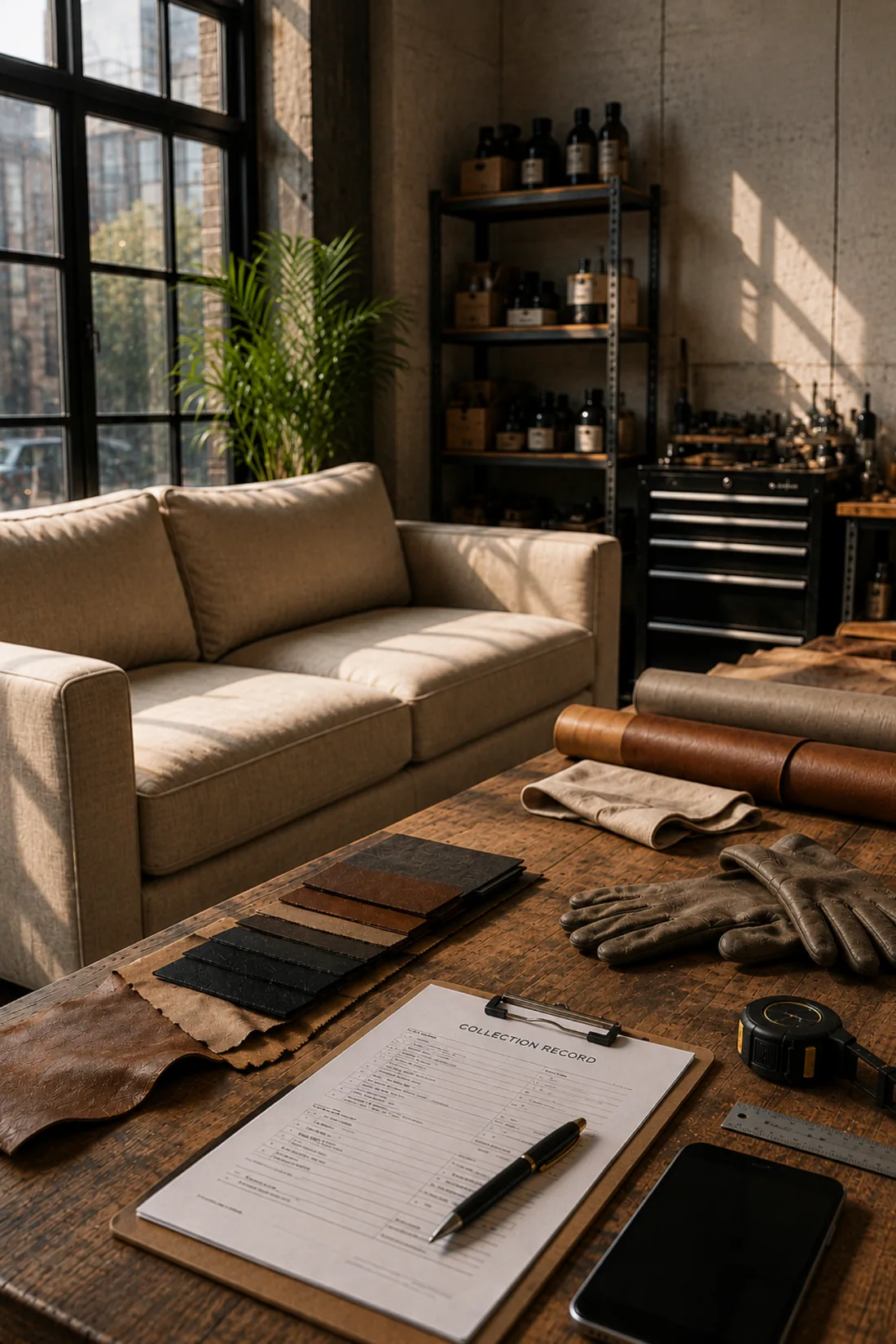 A condition record and hide samples laid out on a workshop bench beside a sofa taken in for repair