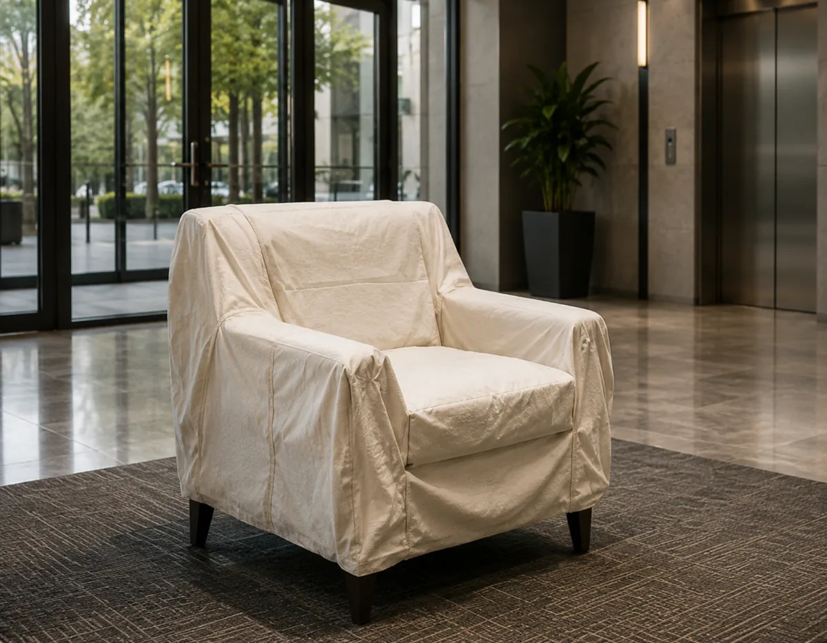 A breathable cotton cover laid over a leather sofa before wrapping for collection