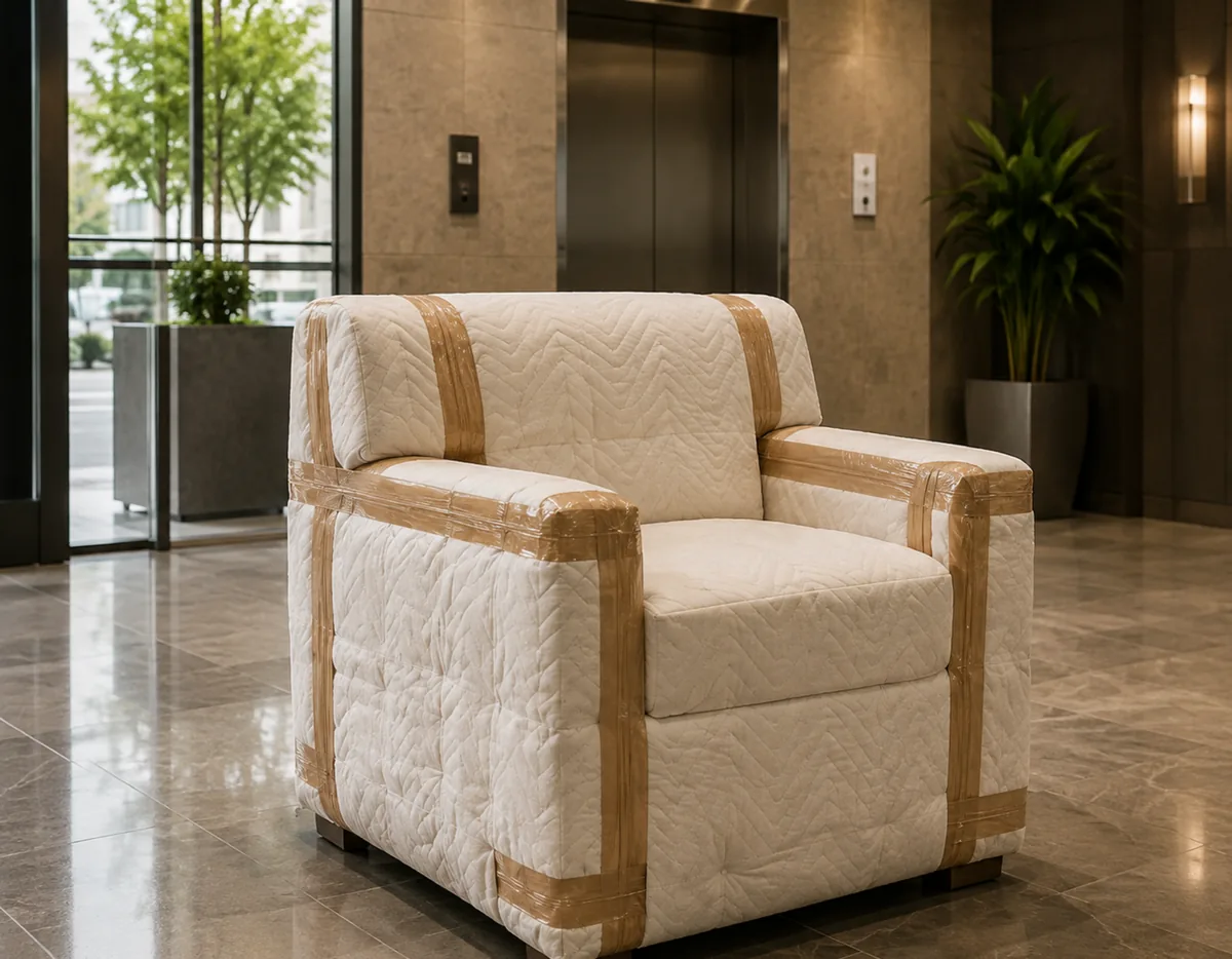 Corner and arm protection fitted to a leather armchair before it is carried out of a building