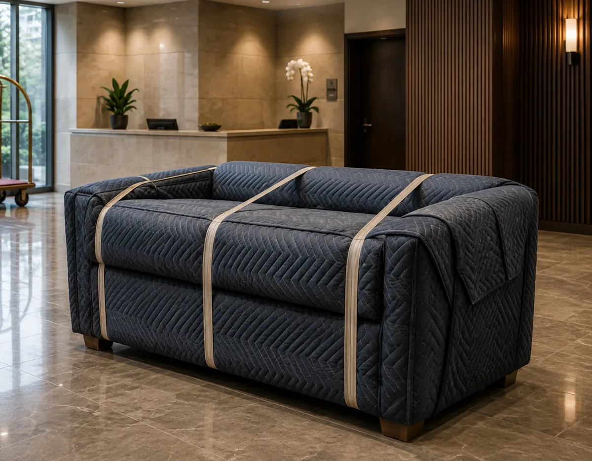 Moving blankets wrapped around a commercial leather sofa for transport