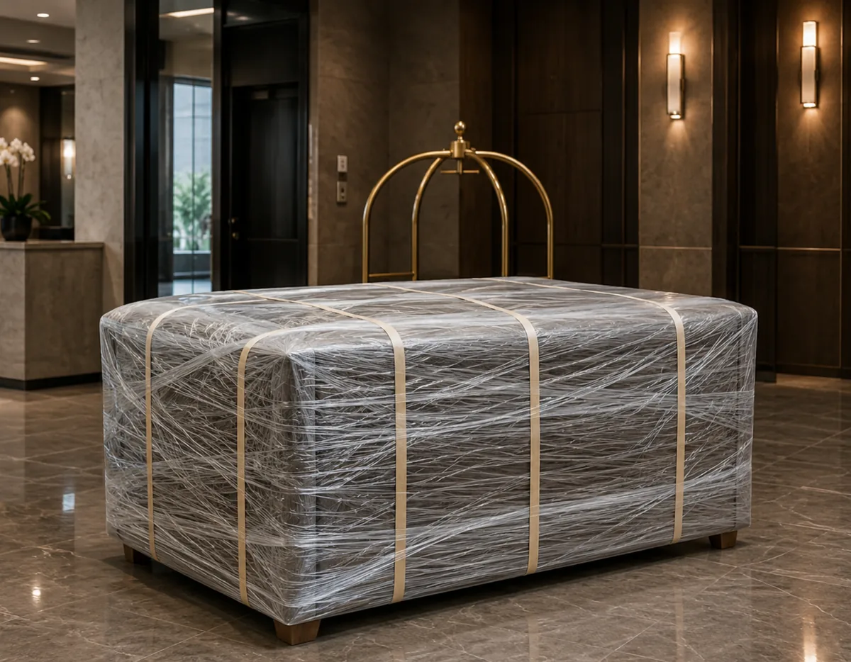 Stretch wrap sealing moving blankets around a wrapped sofa for pickup