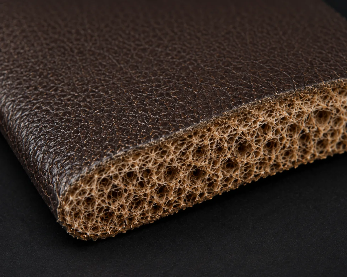 Macro cross-section of genuine leather showing one continuous fiber structure through the full thickness
