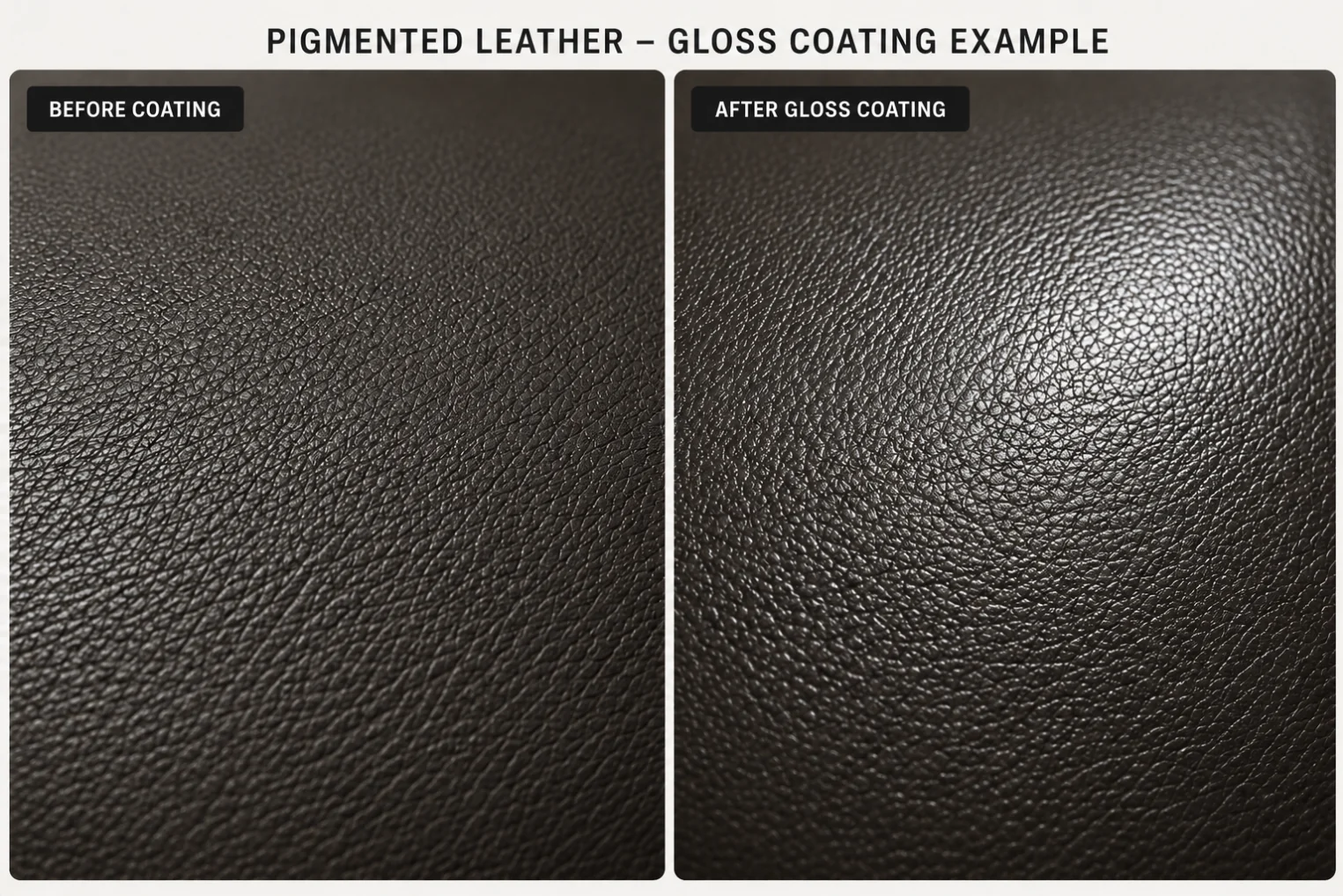 Gloss pigmented leather topcoat, throwing a bright highlight across the surface