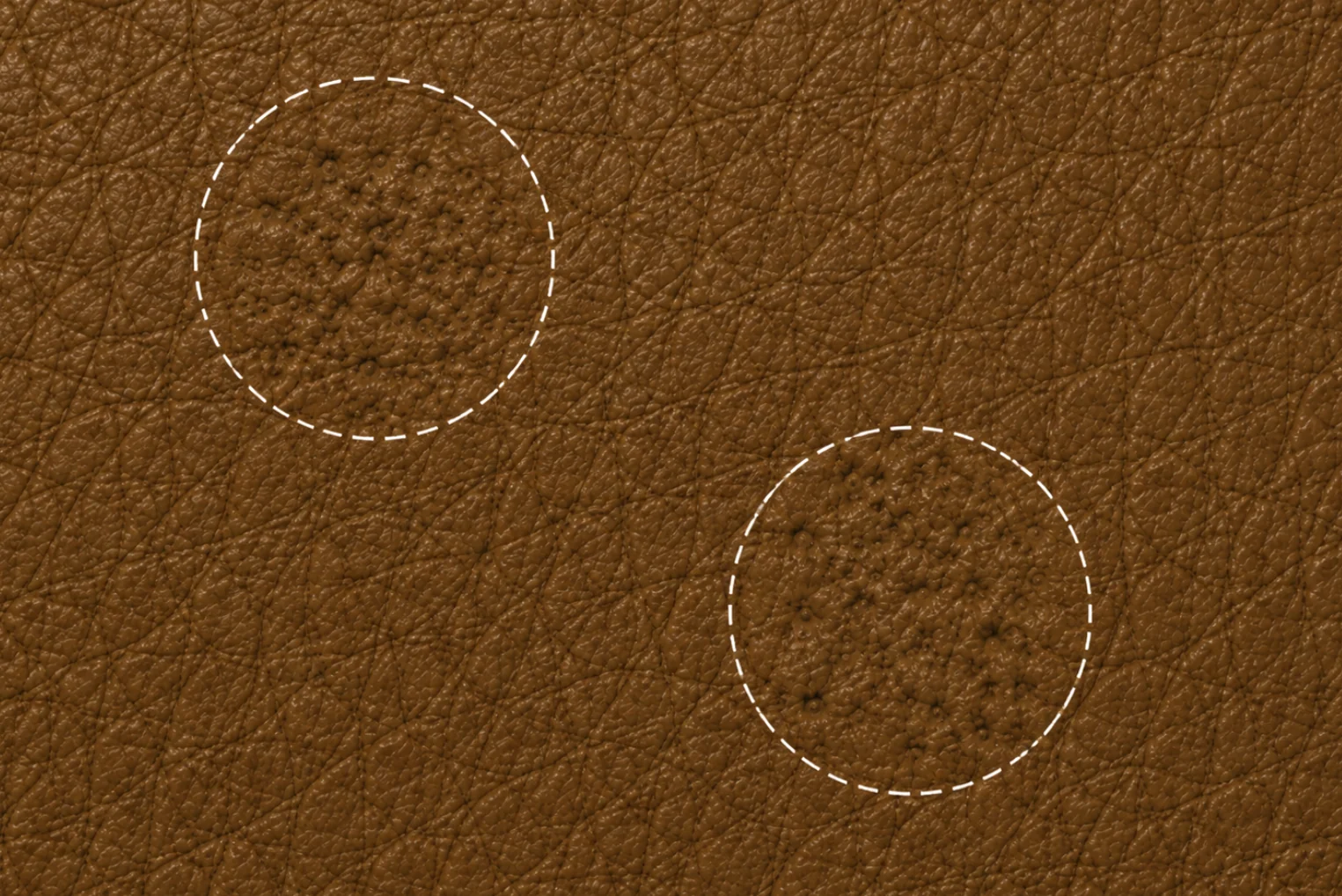 Macro of embossed leather grain, two circled areas showing the identical pore cluster repeating across the surface