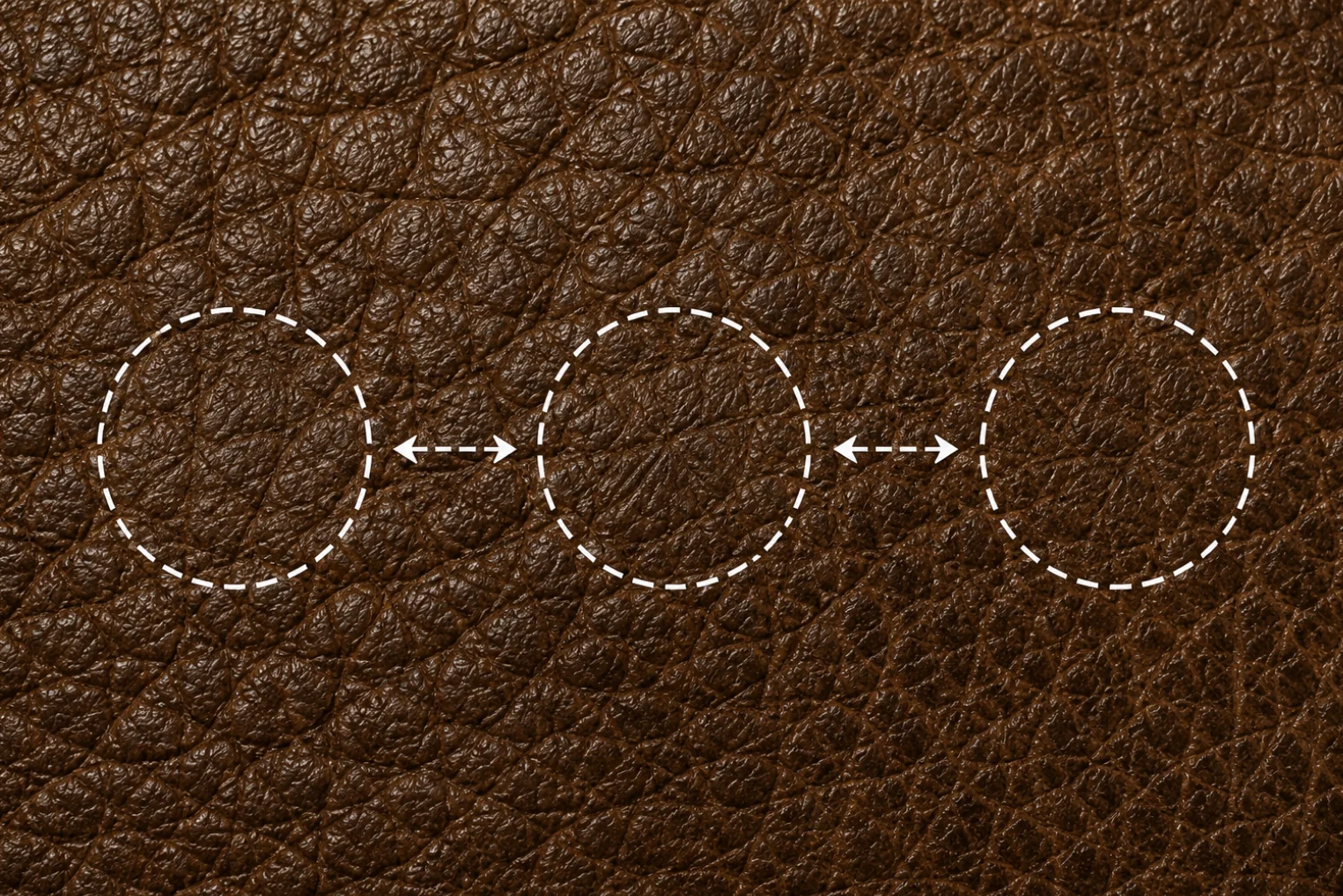 Embossed leather macro, three dashed circles linked by arrows marking one pore cluster repeating across the surface